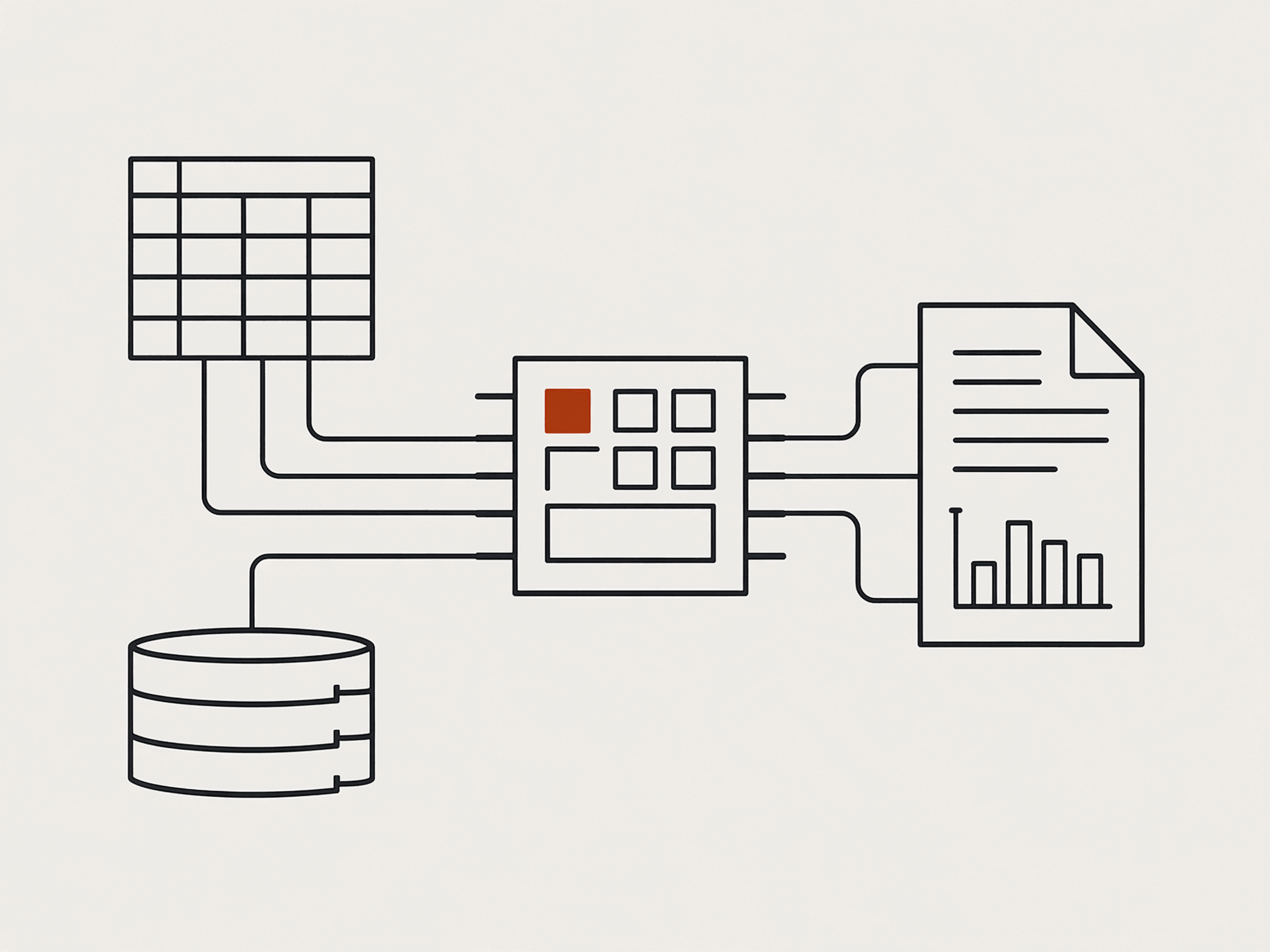 Line diagram of source data assembling into a finished document